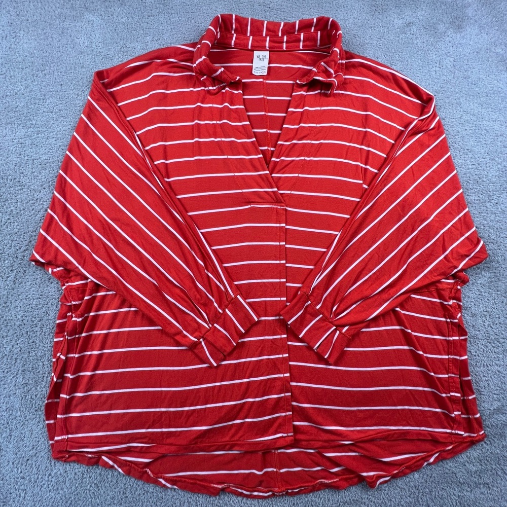 We The Free Top Womens Large Red White Striped Oversized V-Neck Slouchy Casual